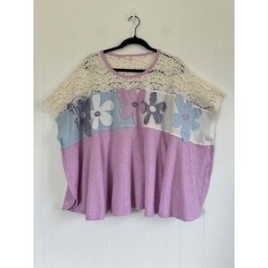 Easel Los Angeles Mixed Media Floral Lace Waffle Knit Top Purple 1X Oversized